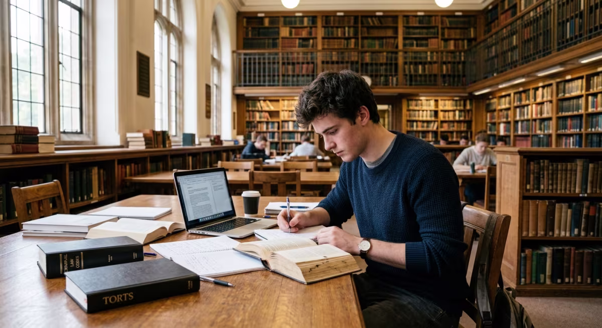 Student prawa przy biurku w bibliotece z kodeksami i laptopem