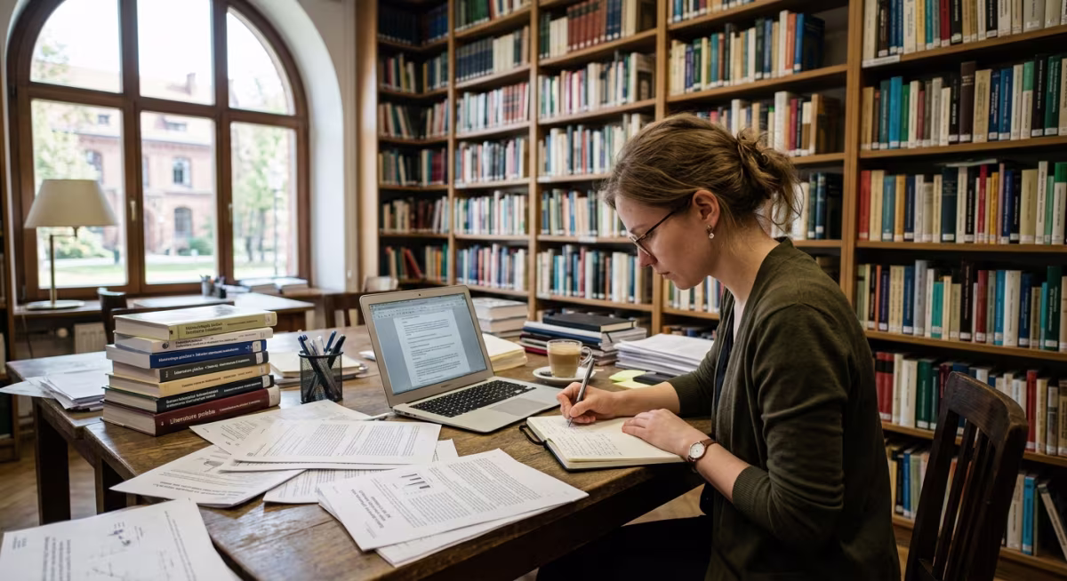 Doktorant pisze rozprawę doktorską przy biurku w bibliotece uniwersyteckiej
