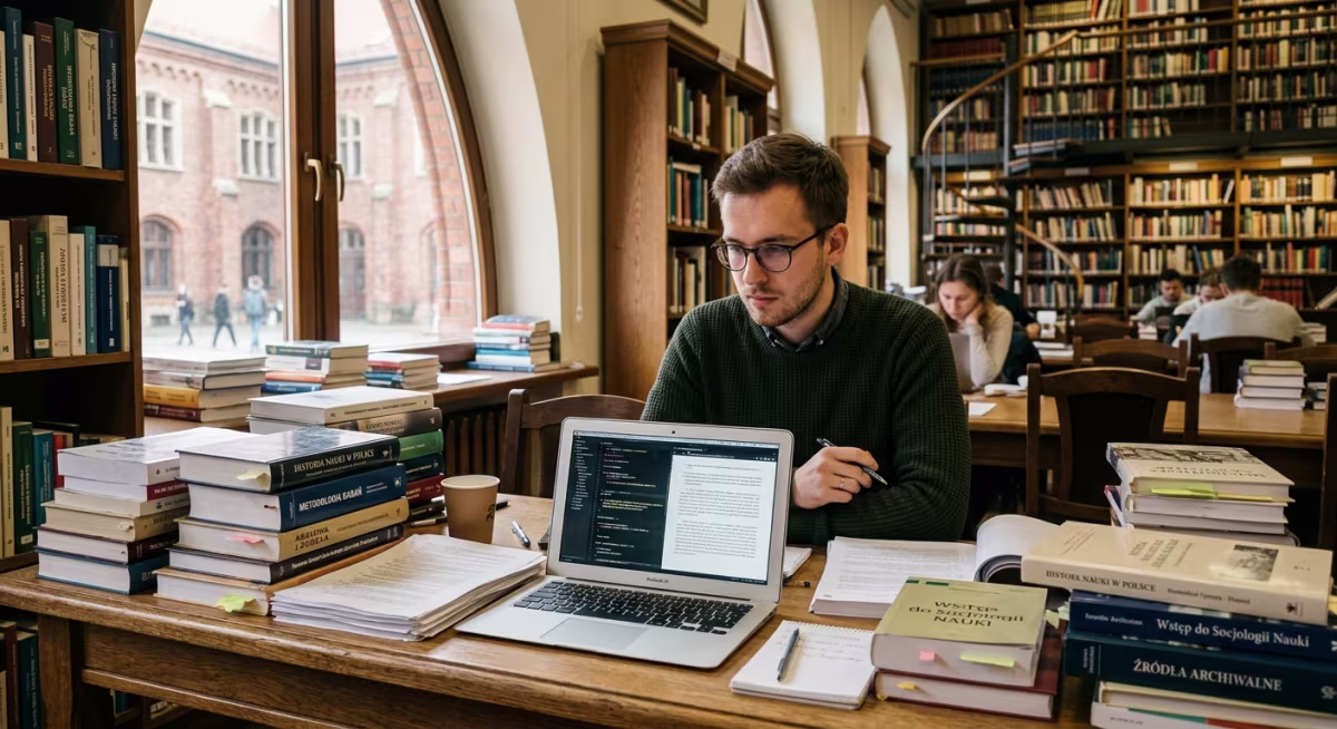 Doktorant czytający artykuły przy biurku w bibliotece uniwersyteckiej
