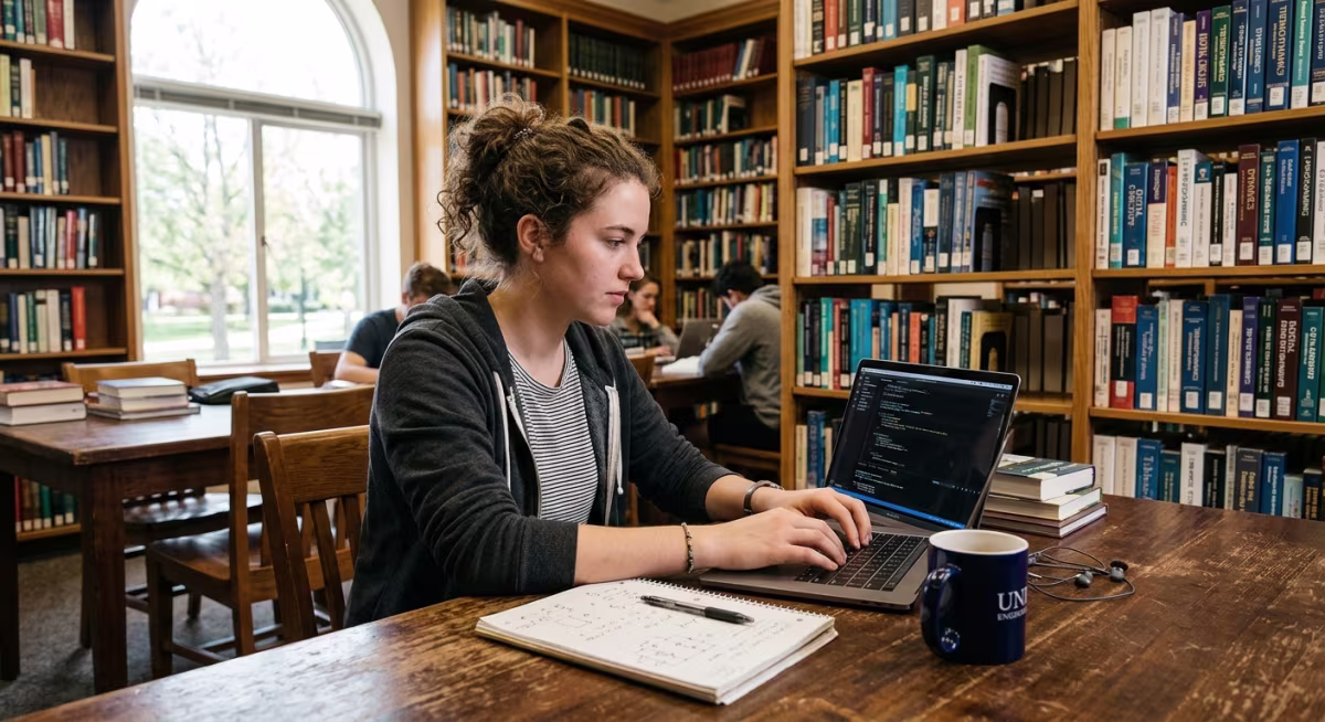 Student przy laptopie w bibliotece uczelni pracuje nad aplikacją webową
