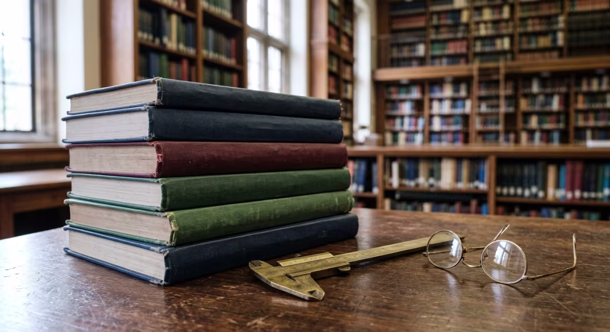 Student inżynierii czyta materiały badawcze w bibliotece uniwersyteckiej z laptopem i notatkami